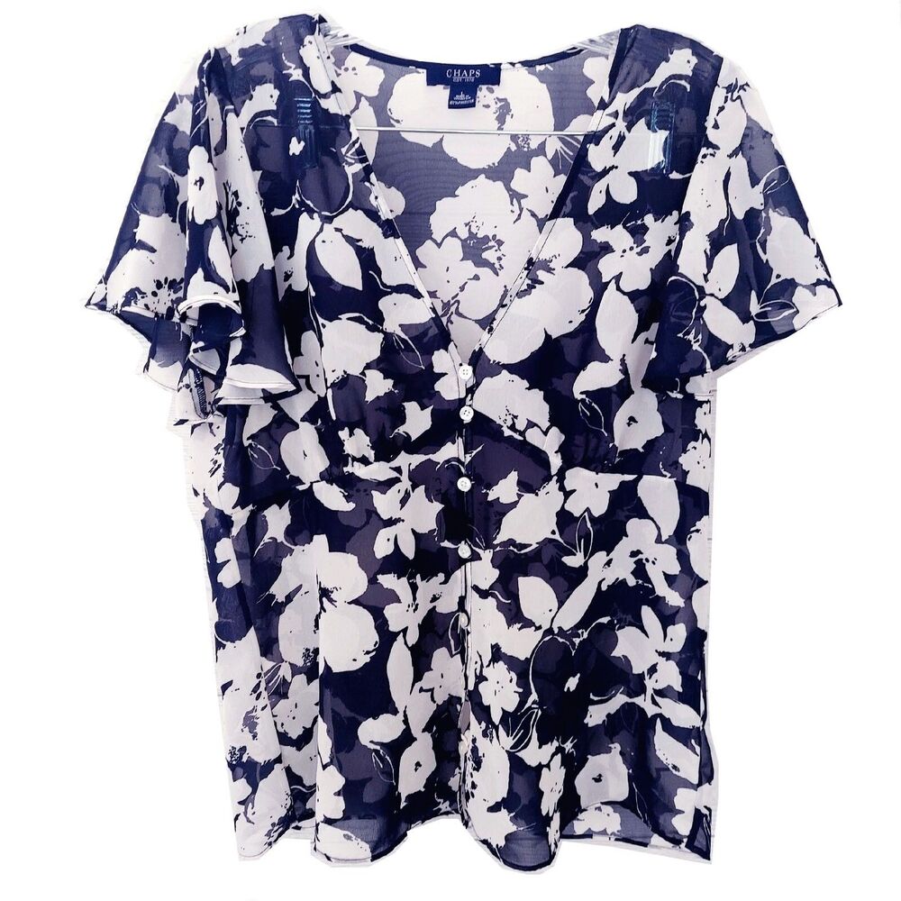 CHAPS Womens Large Top Short Sleeve Floral Blue White Chiffon V-Neck Blouse